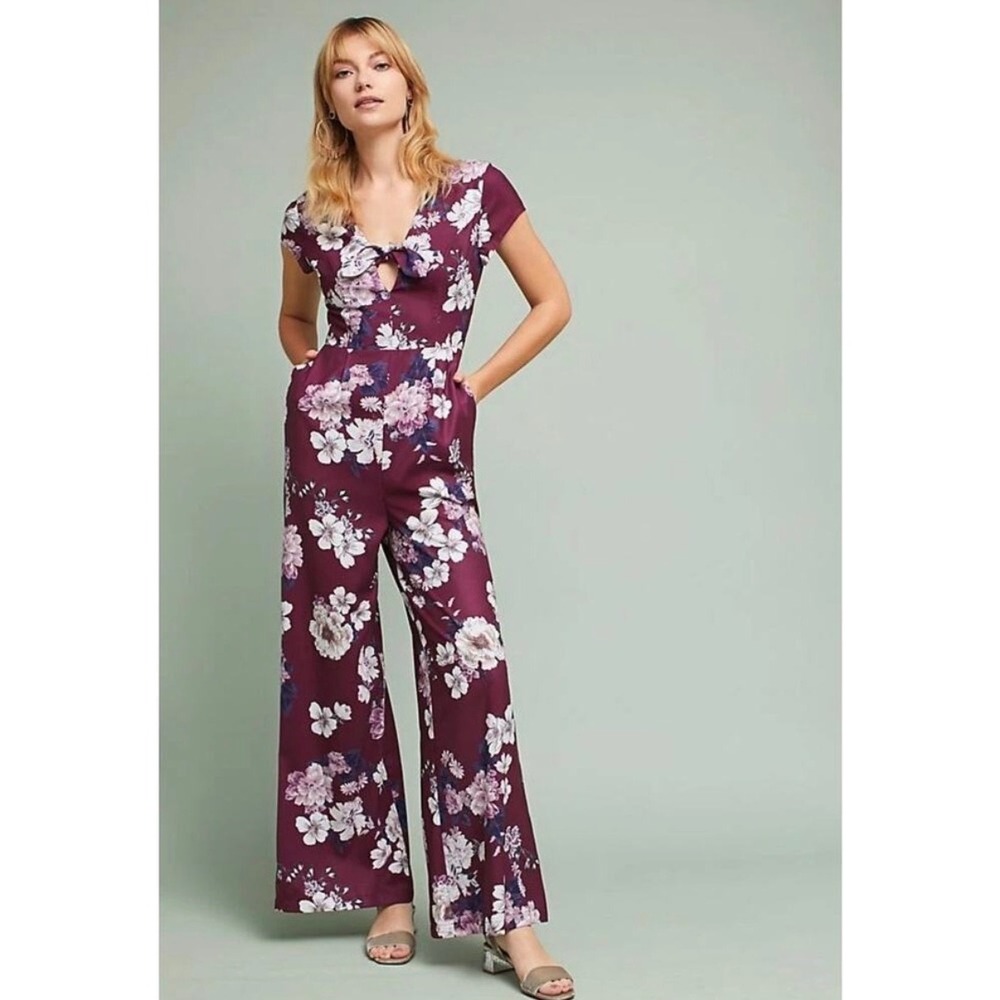 Yumi Kim Floral Tie Front Jumpsuit Burgundy Pink Wide Leg Cap Sleeve Size M